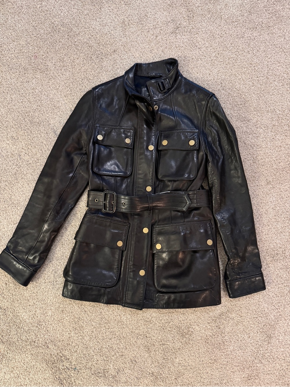Banana Republic Vintage 2002 Black Leather Belted Utility Jacket Size Small